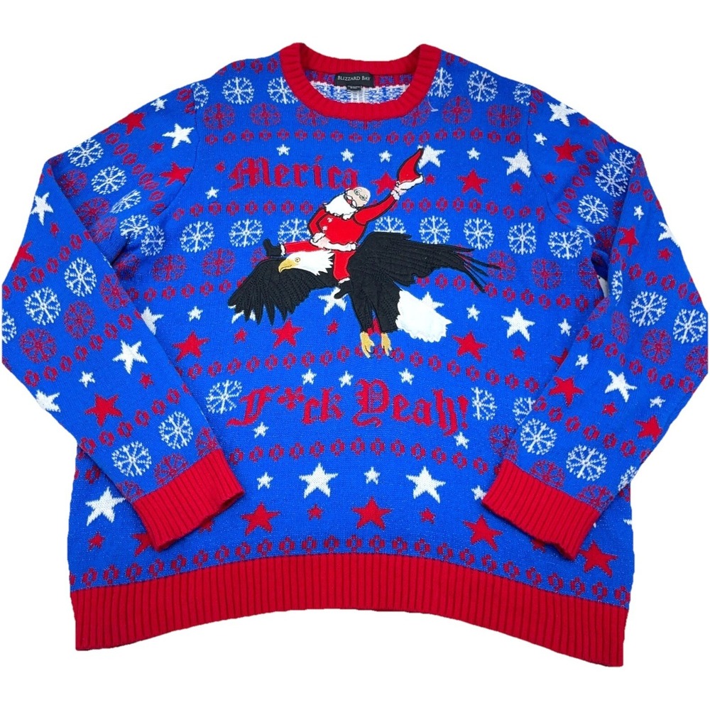Blizzard Bay Christmas Sweater Men XXL Blue Red White Santa Jesus Eagle Rodeo‎